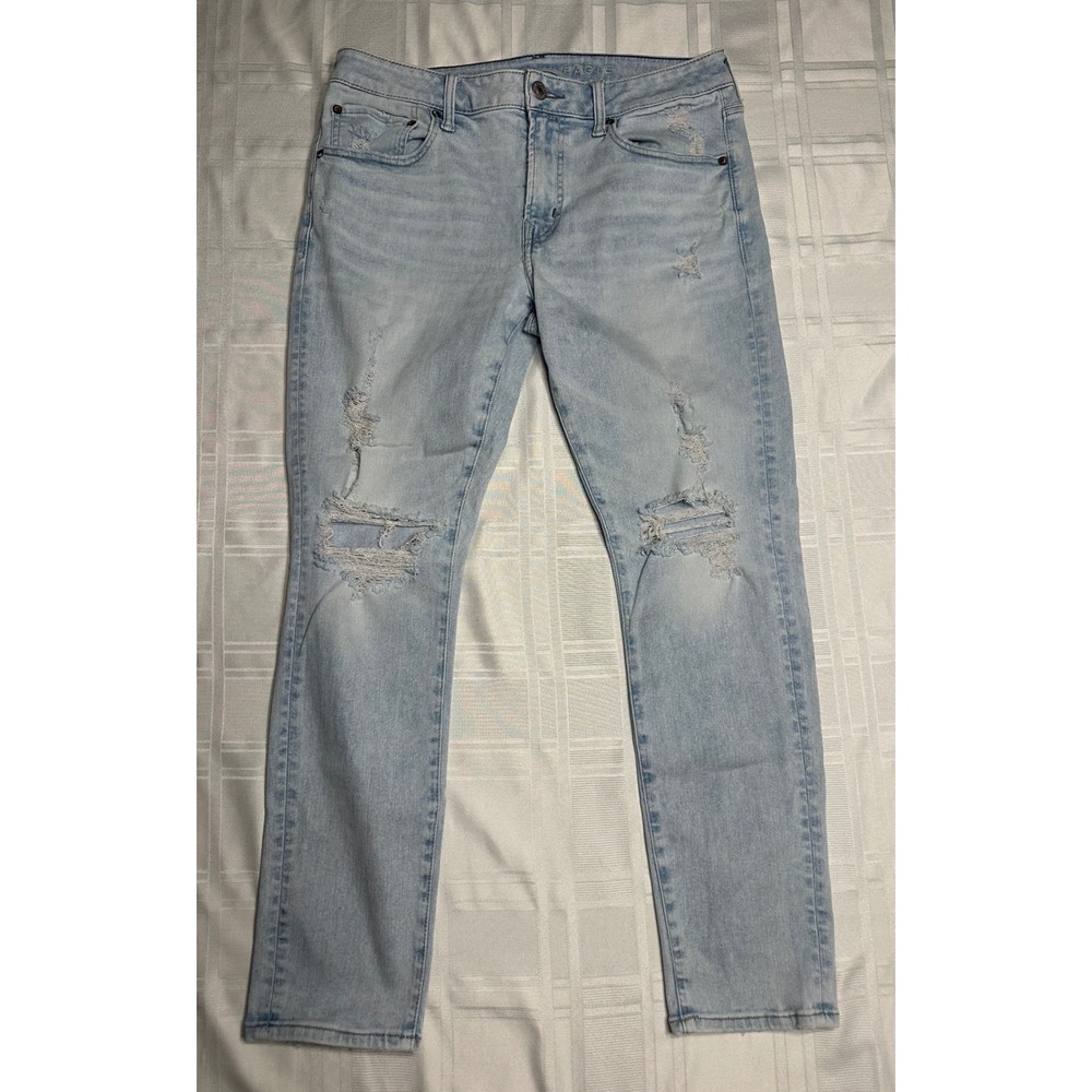 American Eagle Jeans Mens 34x30 Light Wash Airflex 360 Slim Distressed Ripped